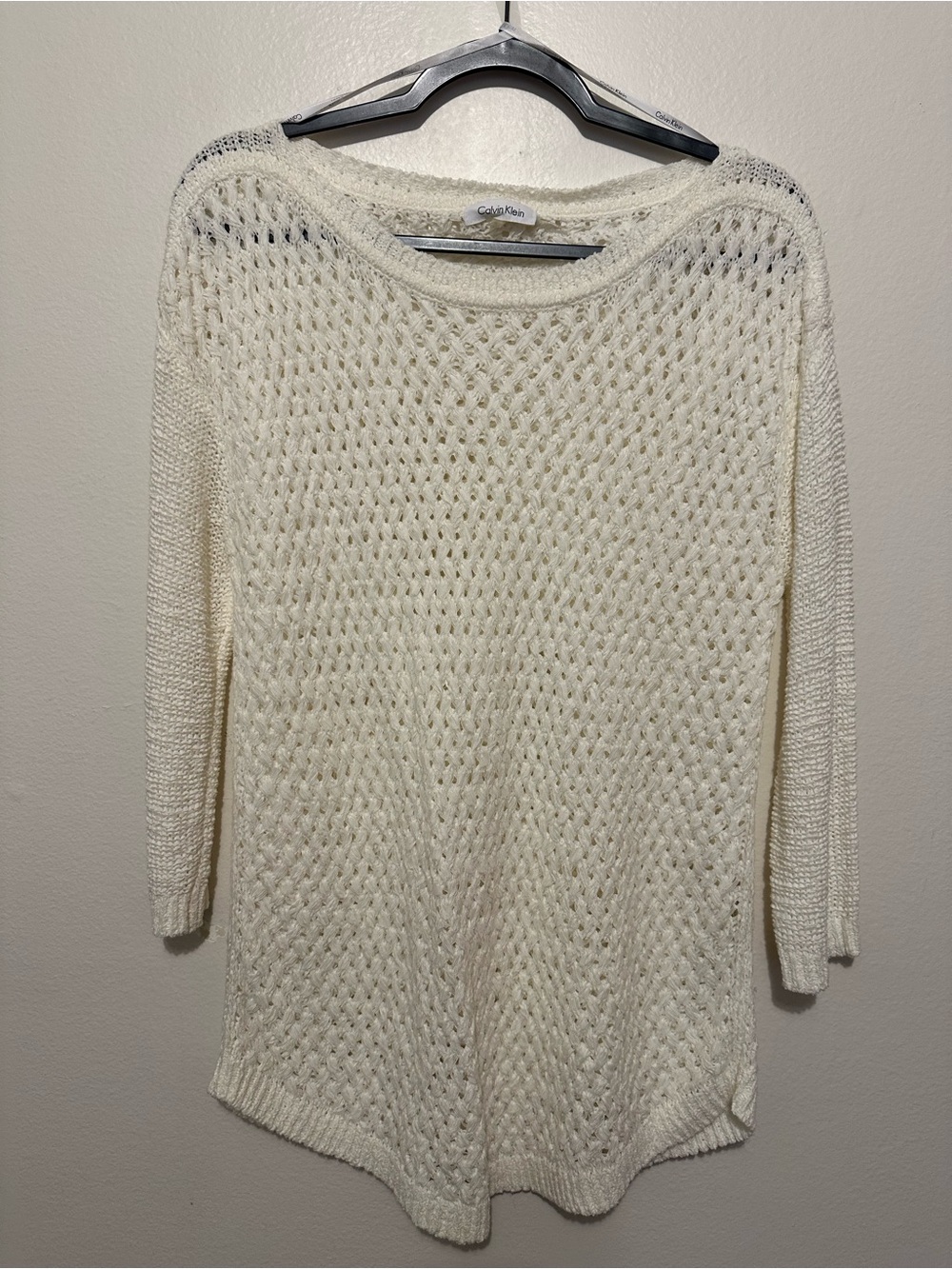 Calvin Klein Women's White Open Knit Pullover Sweater Crew Neck Long Sleeve M